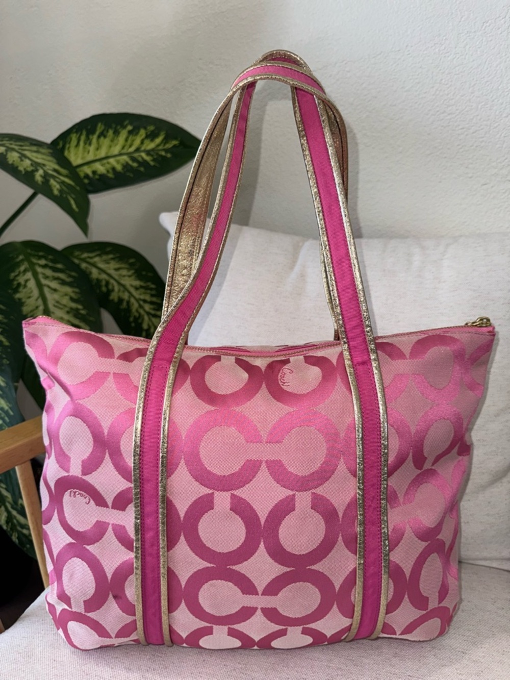 Y2K Coach Poppy Op Art Pink Signature Jacquard Tote Shoulder Bag Purse #13826 - Picture 5 of 17